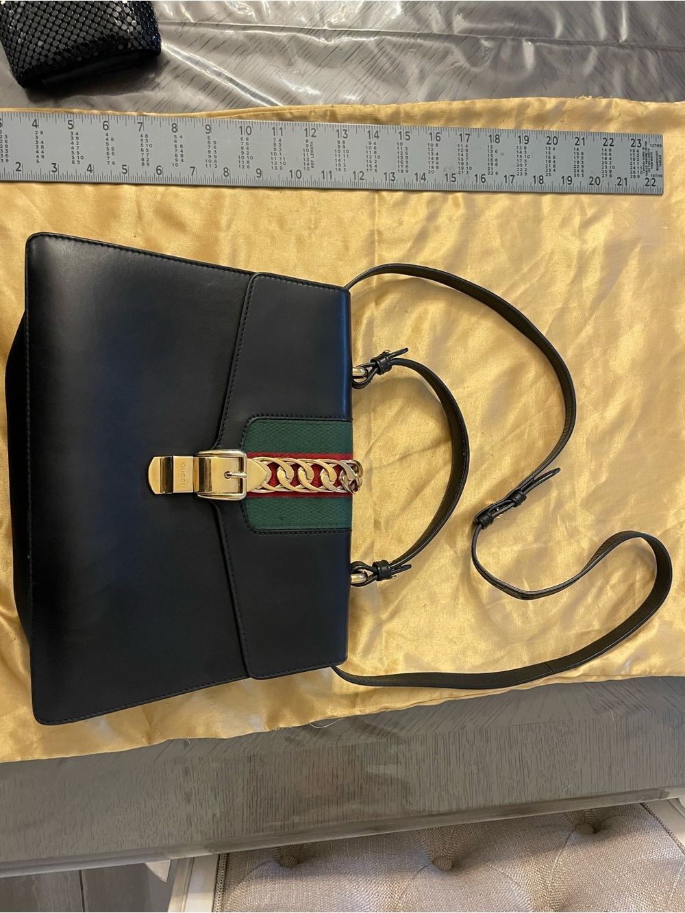 Gucci Sylvia Purse Black Leather Top Handle with Green-Red Web and Gold Hardware - Picture 9 of 9